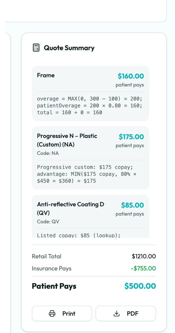 OpticianIQ quote summary showing verified patient cost breakdown