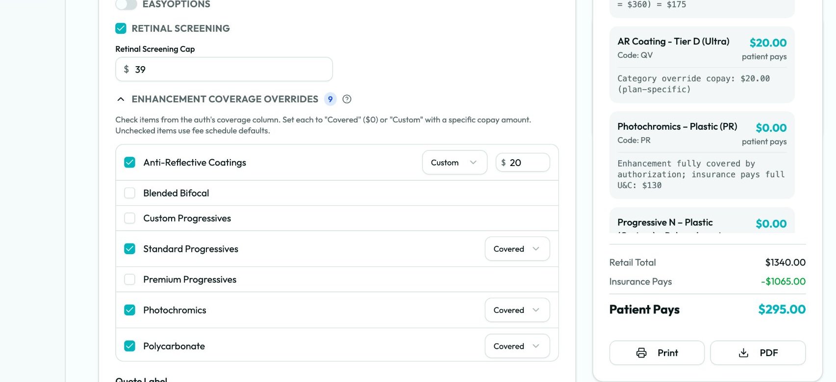 OpticianIQ enhancement coverage mapping and live quote calculation